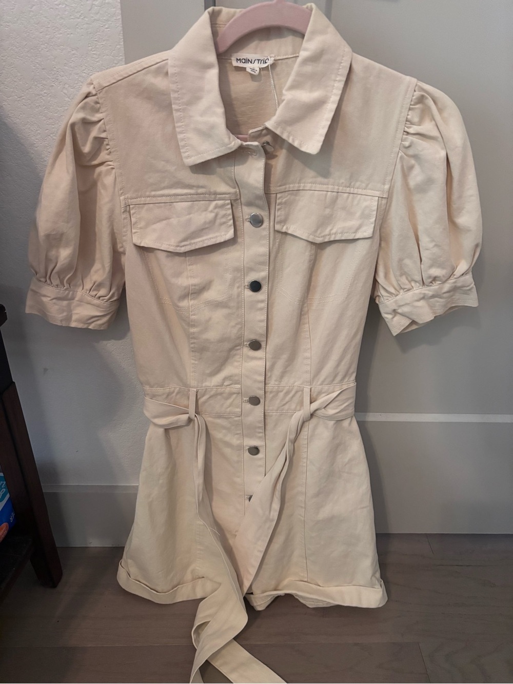 Main Strip Cream Utility Jacket Dress with Puff Sleeves